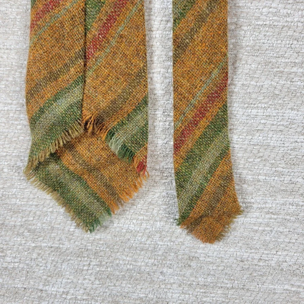 Scottish Lambswool Skinny Tie 100% Pure New Wool Raw Fringe Hem Striped Orange